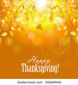 Happy Thanksgiving Day Background with Shiny Autumn Natural Leaves. Vector Illustration EPS10