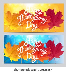 Happy Thanksgiving Day Background with Shiny Autumn Natural Leaves. Vector Illustration EPS10