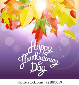 Happy Thanksgiving Day Background with Shiny Autumn Natural Leaves. Vector Illustration EPS10