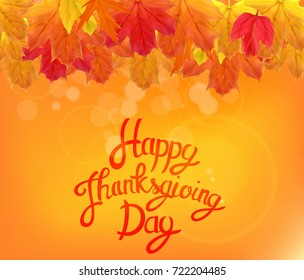 Happy Thanksgiving Day Background with Shiny Autumn Natural Leaves. Vector Illustration EPS10