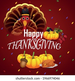 Happy thanksgiving day background with turkey bird and pumpkin