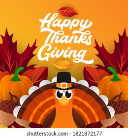 Happy Thanksgiving day background vector with decorative leaves, pumpkins, and acorns. Happy Thanksgiving holiday vector background design template for poster, banner, invitation and greeting card