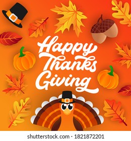 Happy Thanksgiving day background vector with decorative leaves, pumpkins, and acorns. Happy Thanksgiving holiday vector background design template for poster, banner, invitation and greeting card
