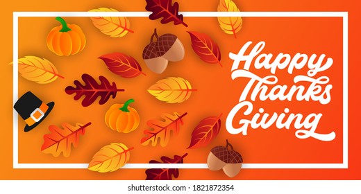 Happy Thanksgiving day background vector with decorative leaves, pumpkins, and acorns. Happy Thanksgiving holiday vector background design template for poster, banner, invitation and greeting card