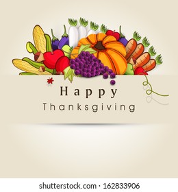 Happy Thanksgiving Day background with vegetables, fruits and autumn leaves on brown background, can be use as flyer, banner or poster. 