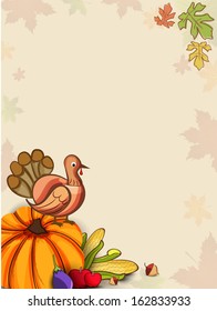 Happy Thanksgiving Day background with vegetables, fruits and turkey bird on autumn leaves background, can be use as flyer, banner or poster. 