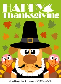 Happy Thanksgiving Day Background,with Dog Pilgrim And Two Turkey