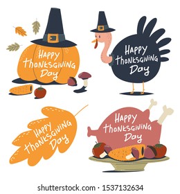 Happy Thanksgiving day badges, label and tag with turkey, pumpkin, leaves and hat vector cartoon set isolated on a white background.