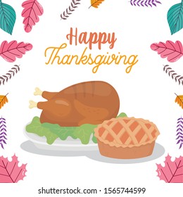 happy thanksgiving day baked turkey and cake fall leaves vector illustration
