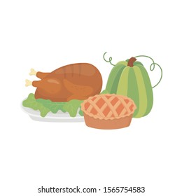 happy thanksgiving day baked turkey and green pumpkin cake vector illustration