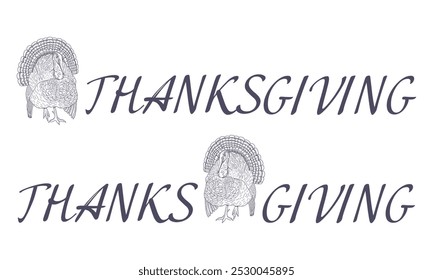 Happy thanksgiving day baner. Thanksgiving poster with roasted turkey, pumpkin pie and aconrs sketches. Horizontal banners with text.