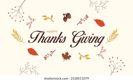 Happy Thanksgiving Day Banner and Background. Happy holiday surrounded by autumn leaves and pumpkins vector illustration. Thanks giving celebration vector design.
