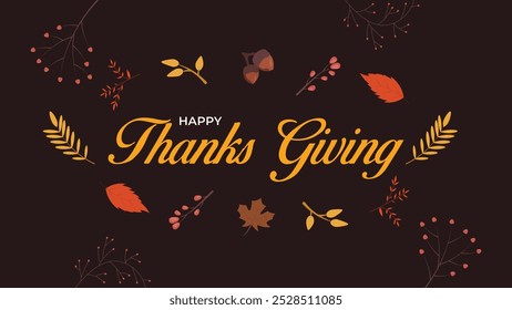 Happy Thanksgiving Day Banner and Background. Happy holiday surrounded by autumn leaves and pumpkins vector illustration. Thanks giving celebration vector design.
