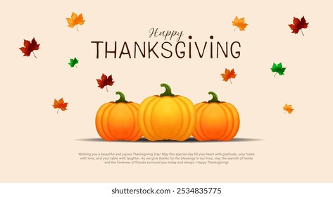 Happy Thanksgiving Day Banner and Background. Thanksgiving Card and Poster with leafs, Pumpkins and Thanksgiving Text Vector Illustration.