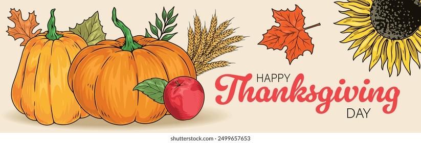 Happy Thanksgiving day banner colorful with autumn harvest of pumpkins and apples near ears of wheat and sunflower vector illustration