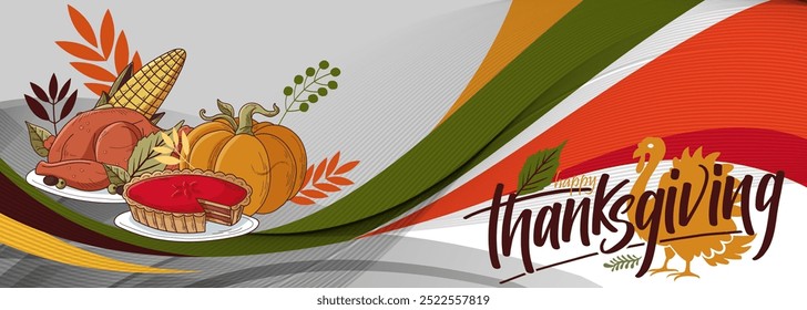 happy thanksgiving day banner design with typography, turkey bird, corn, pumpkin pie and abstract leaves thanksgiving background. Dinner Vector illustration.