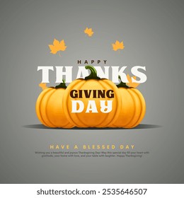 Happy Thanksgiving Day Banner design with colorful leaves, lettering and pumpkins. Vector illustration.