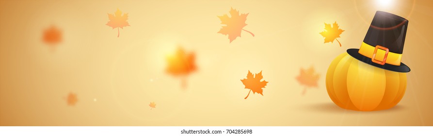 Happy Thanksgiving Day Banner Design with Pumpkin and Pilgrim Hat. 