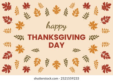 Happy Thanksgiving Day banner with fallen colorful leaves isolated on beige background. Autumn wallpaper, red, green, yellow leaves on paper, social media background banner, poster with greeting text