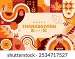 Happy Thanksgiving Day banner with geometric symbols of holiday-turkey,pumpkin,pie.Thanksgiving Autumn harvest sale 2024. Autumnal festive.Template for promotion,web,cards,flyers, posters,ad.Vector