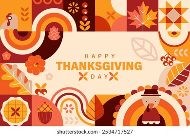 Happy Thanksgiving Day Banner mit geometrischen Symbolen von Urlaub-Truthahn, Kürbis, Kuchen.Thanksgiving Herbst Ernte Verkauf 2024. Herbstfest.Vorlage für Promotion,Web,Karten,Flyer, Plakate,ad.Vector