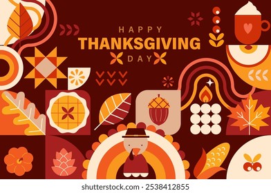 Happy Thanksgiving Day banner with geometric symbols of holiday-turkey,pumpkin,pie,tea,autumn leaves.Thanksgiving Autumn harvest sale 2024. Template for promotion,web,cards,flyers, posters,ad.Vector