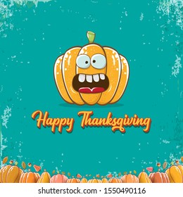 Happy thanksgiving day banner or greeting card with funny cartoon cute orange smiling pumkin isolated on turquoise background. Celebration text with pumpkin and autumn leaves for poster, label