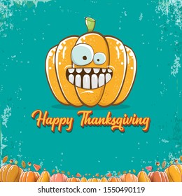 Happy thanksgiving day banner or greeting card with funny cartoon cute orange smiling pumkin isolated on turquoise background. Celebration text with pumpkin and autumn leaves for poster, label