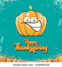 Happy thanksgiving day banner or greeting card with funny cartoon cute orange smiling pumkin isolated on turquoise background. Celebration text with pumpkin and autumn leaves for poster, label