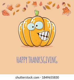 Happy thanksgiving day banner or greeting card with funny cartoon cute orange smiling pumkin isolated on soft background. Celebration text with pumpkin and autumn leaves for poster, label