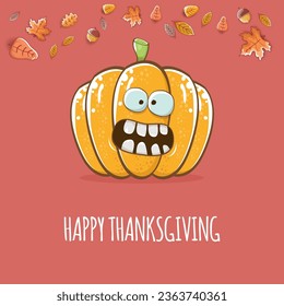 Happy thanksgiving day banner or greeting card with funny cartoon cute orange smiling pumkin isolated on brown background. Celebration text with pumpkin and autumn leaves for poster, label