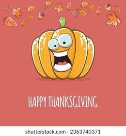 Happy thanksgiving day banner or greeting card with funny cartoon cute orange smiling pumkin isolated on brown background. Celebration text with pumpkin and autumn leaves for poster, label