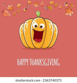 Happy thanksgiving day banner or greeting card with funny cartoon cute orange smiling pumkin isolated on brown background. Celebration text with pumpkin and autumn leaves for poster, label