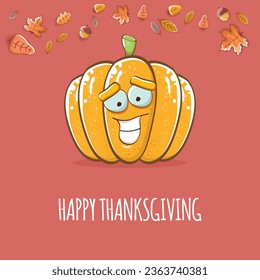 Happy thanksgiving day banner or greeting card with funny cartoon cute orange smiling pumkin isolated on brown background. Celebration text with pumpkin and autumn leaves for poster, label