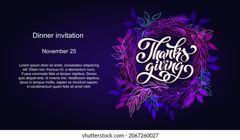 Happy Thanksgiving day. Banner with handwritten lettering and hand-drawn elements. Autumn background. Vector illustration. A poster for the celebration of the holiday.