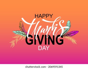 Happy Thanksgiving day. Banner with handwritten lettering and hand-drawn elements. Autumn background. Vector illustration. A poster for the celebration of the holiday.