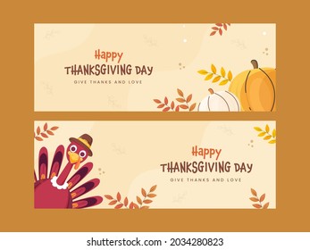 Happy Thanksgiving Day Banner Or Header Design With Turkey Bird, Pumpkins And Leaves In Two Options.