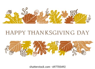 Happy Thanksgiving day banner with leaves, acorns and berries on white background.