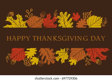 Happy Thanksgiving day banner with leaves, acorns and berries on dark brown background.