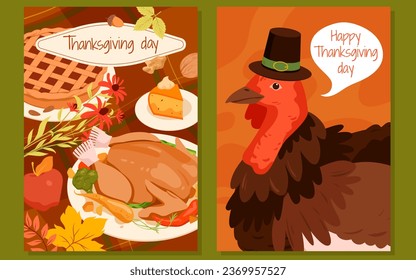 Happy Thanksgiving Day banner, poster design set vector illustration. Cartoon table full of autumn harvest and traditional food on plates for family dinner, funny turkey in hat greeting with holiday