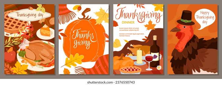 Happy Thanksgiving Day banner, poster or greeting card design set vector illustration. Cartoon autumn harvest and fall leaves pattern, rustic food for happy Thanksgiving dinner, turkey in hat