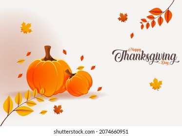 Happy thanksgiving day banner. Pumpkin and fall foliage. Holiday poster, header for website. Vector illustration thanksgiving day copy space area