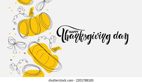 Happy Thanksgiving day banner with pumpkin decor sketch. Pumpkin border. Hand drawn autumn vector backdrop. Vector illustration for card, invitation, party decor. Fall harvest festival background