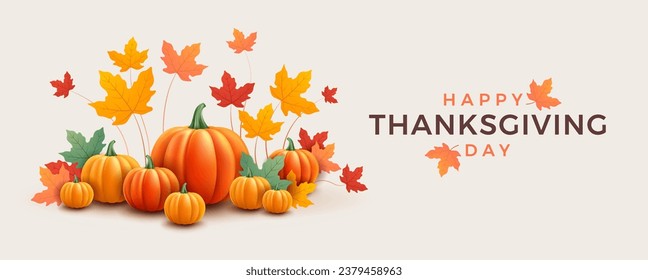 Happy Thanksgiving Day banner with pumpkins and autumn leaves - horizontal vector background