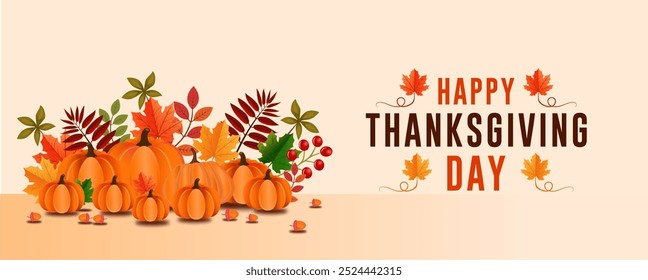 Feliz Día de Acción de Gracias Anuncio con calabazas y hojas de otoño. Feliz Día de Acción de Gracias. Anuncio de Vector para las redes sociales.