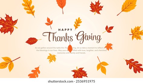 Happy Thanksgiving Day banner with pumpkins and autumn leaves. Happy Thanksgiving Day. Vector banner for social media.
