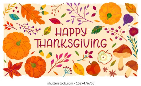 Happy Thanksgiving day banner with pumpkins,mushrooms,tree branches,apples,figs,plants,leaves,berries and floral elements.Holiday tabletop decoration.Thanksgiving dinner.