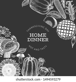 Happy Thanksgiving Day banner template. Vector hand drawn illustrations on chalk board. Greeting Thanksgiving design in retro style.