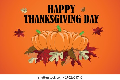 Happy Thanksgiving Day banner. Three pumpkins laid on a pile of colored leaves with the inscription. Orange gradient background.