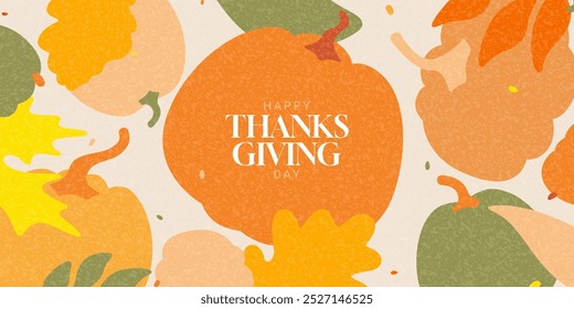 Happy Thanksgiving Day banner. Trendy Thanksgiving Day banner with pumpkins and fall foliage - horizontal background perfect for social media, greeting cards, promotion and advertising.